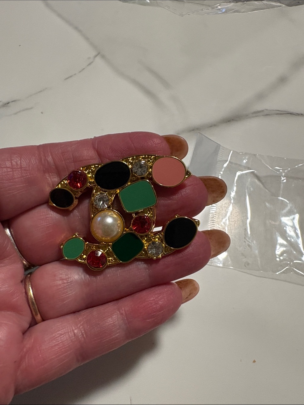 Multicolor Gold-Tone Fashion Brooch with Pearl Accent